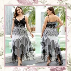 🌺 3X PLUS DRESS RUFFLE SPARKLE MAXI LONG COCKTAIL DANCING LACE SHEER LAYER PROM